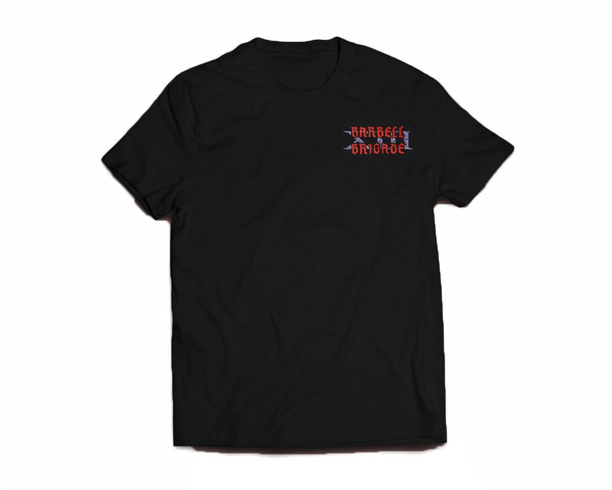 Barbell Brigade 13th Anniversary tee graphic, red, purple and black
